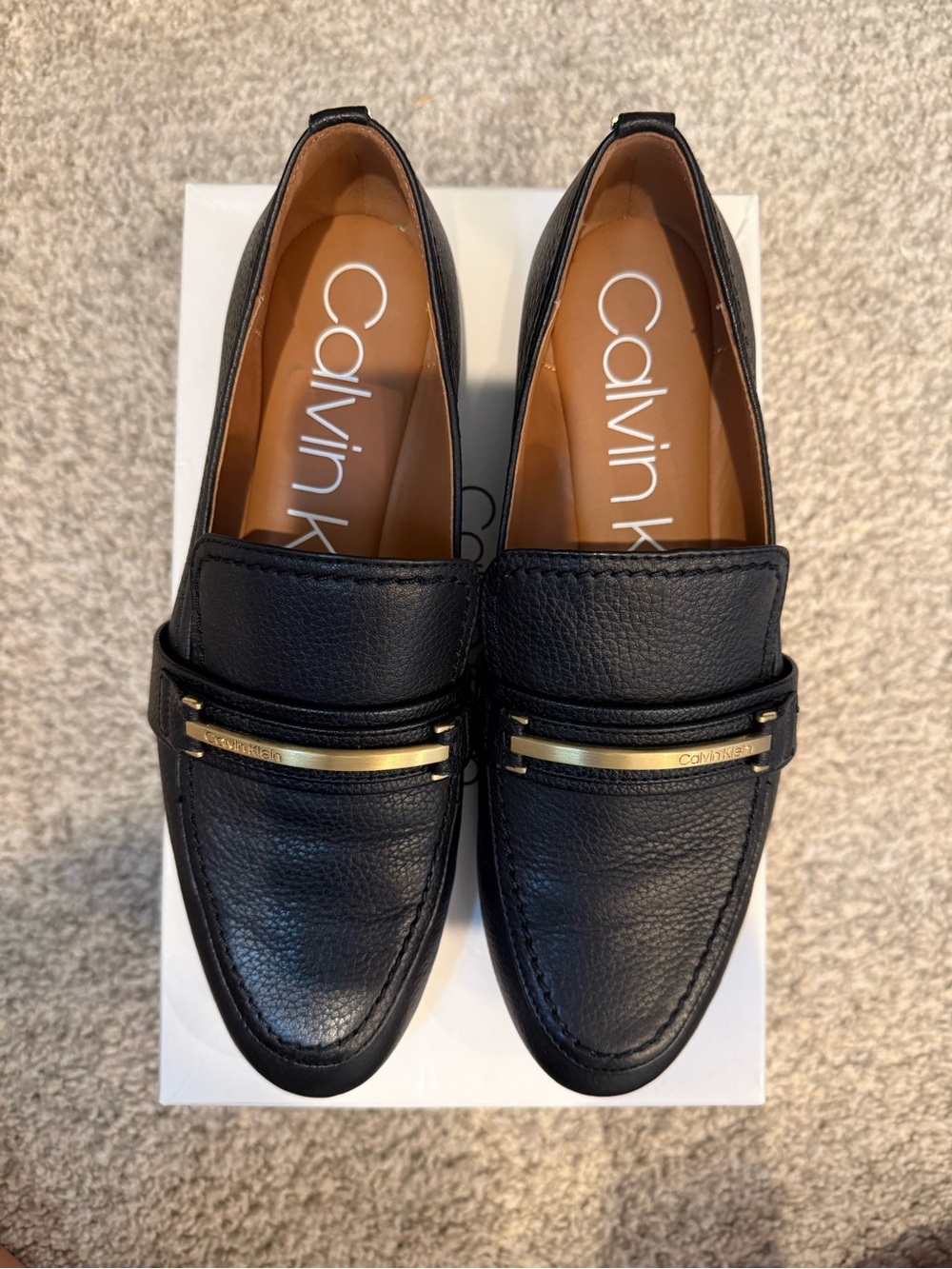Calvin Klein Black Leather Slip-On Loafers with Gold Accent